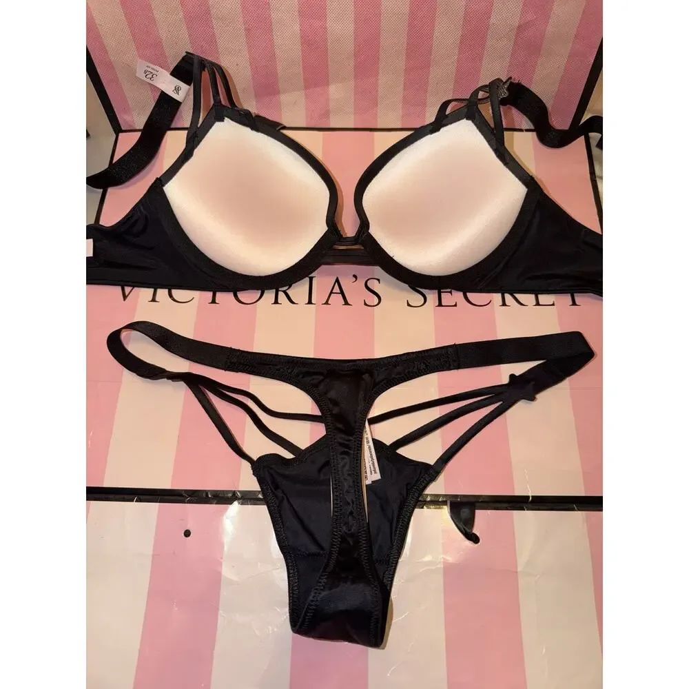 Victorias Secret Bra Push Up Shine Strap Shooting Star 32B Small Thong Black - Picture 8 of 8